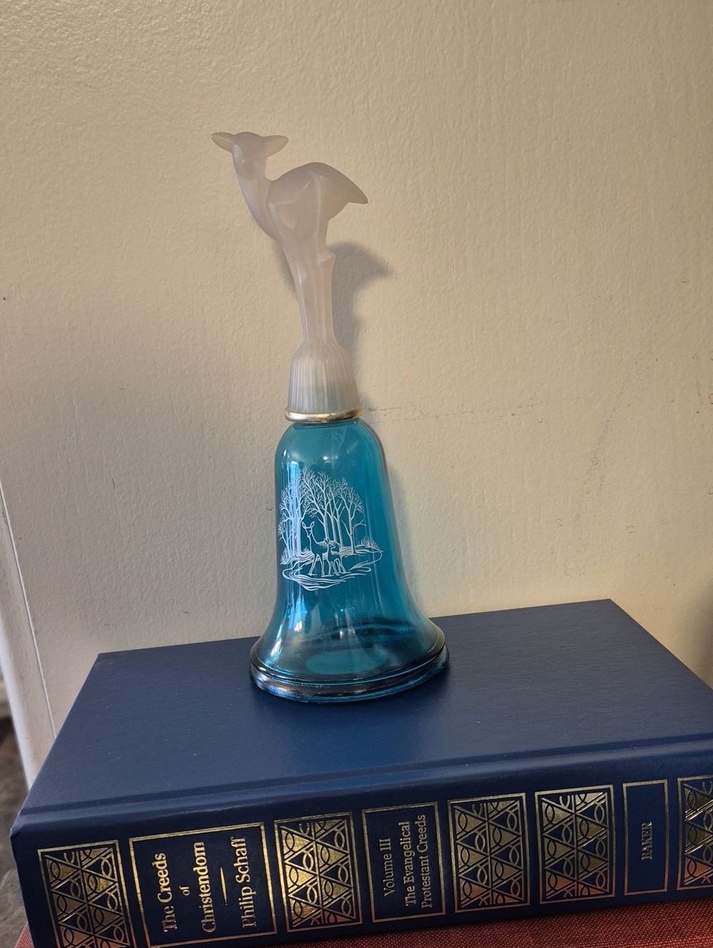 Avon Blue Glass Bell with Frosted White Deer 1981